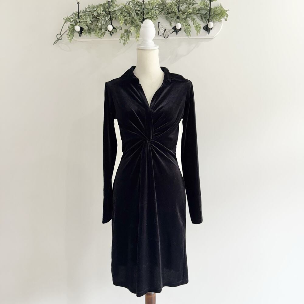 Esqualo Black Velvet Cinched Front Midi Dress Small XX26